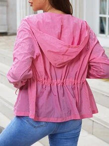 SHEIN Privé Cazadora de hombros caídos de cintura con cordón cremallera con capucha - Rosa - Ver 2