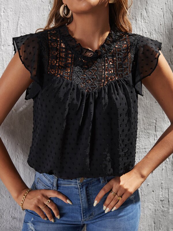 SHEIN Privé Bluse mit Punkten, Guipure Spitzeneinsatz