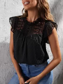 SHEIN Privé Swiss Dot Guipure Lace Insert Blouse