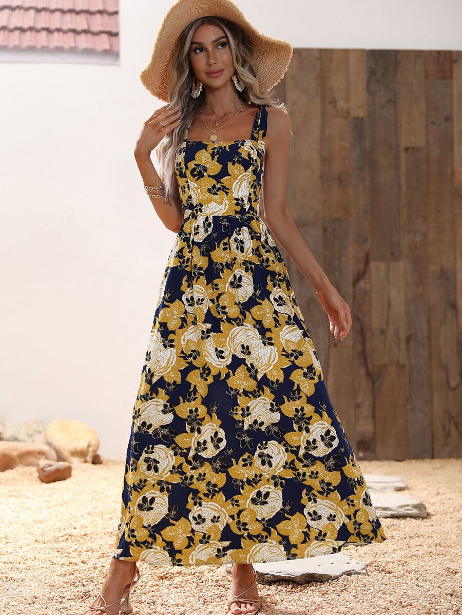 SHEIN VCAY Floral Print Tie Shoulder Shirred Back Cami Dress - Navy Blue - View 1