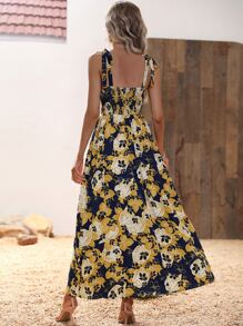 SHEIN VCAY Floral Print Tie Shoulder Shirred Back Cami Dress - Navy Blue - View 2