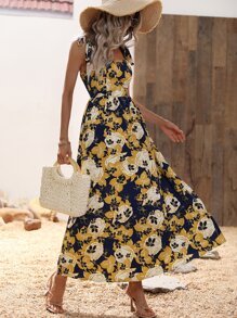 SHEIN VCAY Floral Print Tie Shoulder Shirred Back Cami Dress - Navy Blue - View 7