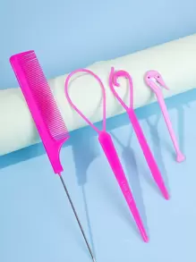 Hair Tail Tools, 4pcs Hair Loop Tool Set With 2pcs French Braid Tool Loop 1pc Rat Tail Comb Metal Pin Tail Braiding Comb, 1pc Elastic Rubber Band Cutter For Hair - Elastic Hair Band Remover For Hair Styles - Hot Pink - View 1