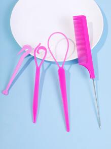 Hair Tail Tools, 4pcs Hair Loop Tool Set With 2pcs French Braid Tool Loop 1pc Rat Tail Comb Metal Pin Tail Braiding Comb, 1pc Elastic Rubber Band Cutter For Hair - Elastic Hair Band Remover For Hair Styles - Hot Pink - View 3