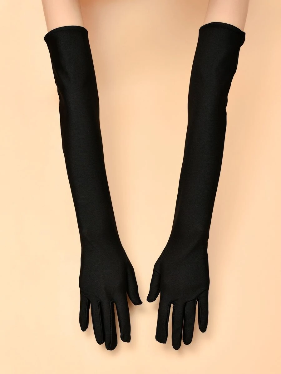 Guantes largos elegantes de un solo color para mujeres para fiestas, reuniones y bodas - Negro - Ver 1