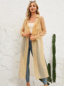 Solid Open Front Chiffon Longline Coat - Khaki - View 1