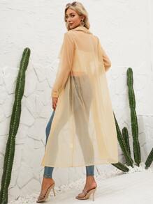 Solid Open Front Chiffon Longline Coat - Khaki - View 2