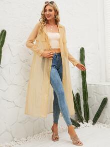 Solid Open Front Chiffon Longline Coat - Khaki - View 3