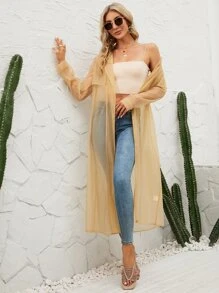 Solid Open Front Chiffon Longline Coat - Khaki - View 6