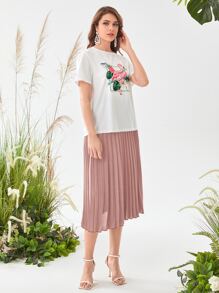 Mulvari Tropical & Flamingo Print Tee & Pleated Skirt - Dusty Pink - View 3