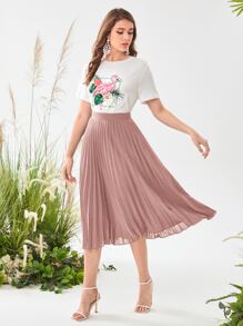 Mulvari Tropical & Flamingo Print Tee & Pleated Skirt - Dusty Pink - View 4