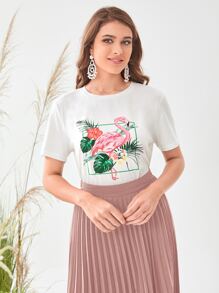 Mulvari Tropical & Flamingo Print Tee & Pleated Skirt - Dusty Pink - View 5