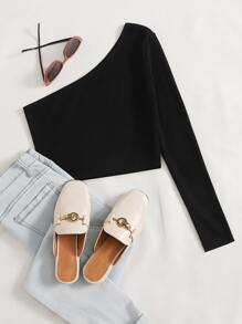 SHEIN EZwear Top corto de un hombro de canalé de un hombro - Negro - Ver 1