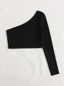 SHEIN EZwear Top corto de un hombro de canalé de un hombro - Negro - Ver 3