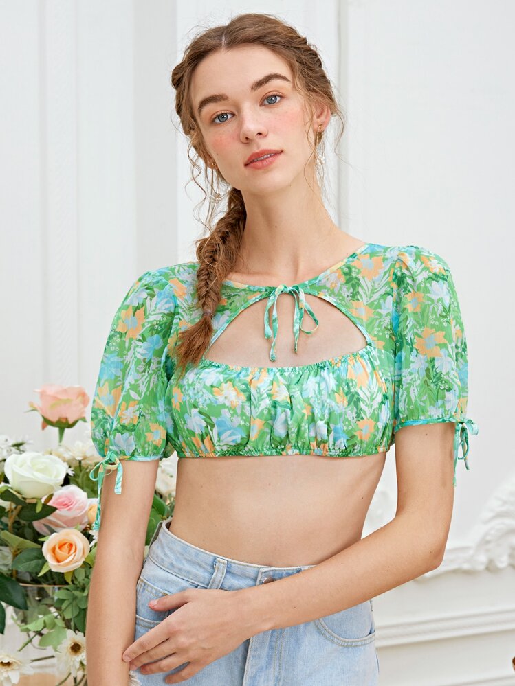 SHEIN Unity Floral Print Tie Front Crop Top - Lime Green - View 1