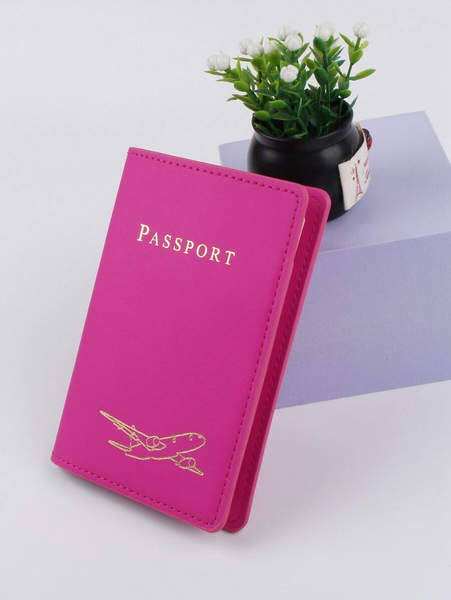 Plane & Letter Graphic Passport Case Pink Vacation Accessories For Holiday Season For Vacation Passport Pouch For Flight For Back To School For Men And Women Travel Essentials Travel Accessories Back To School - Pink - View 1