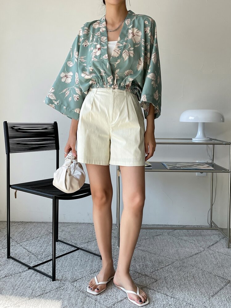 DAZY Blusa com Manga Dolman e Estampa Floral, Sem Camiseta, Looks de Férias para Mulheres - Verde Menta - Visão 3