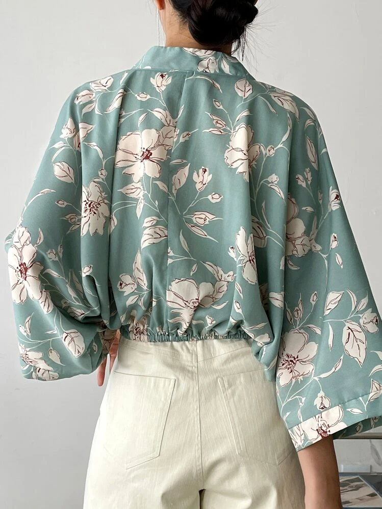 DAZY Blusa com Manga Dolman e Estampa Floral, Sem Camiseta, Looks de Férias para Mulheres - Verde Menta - Visão 4