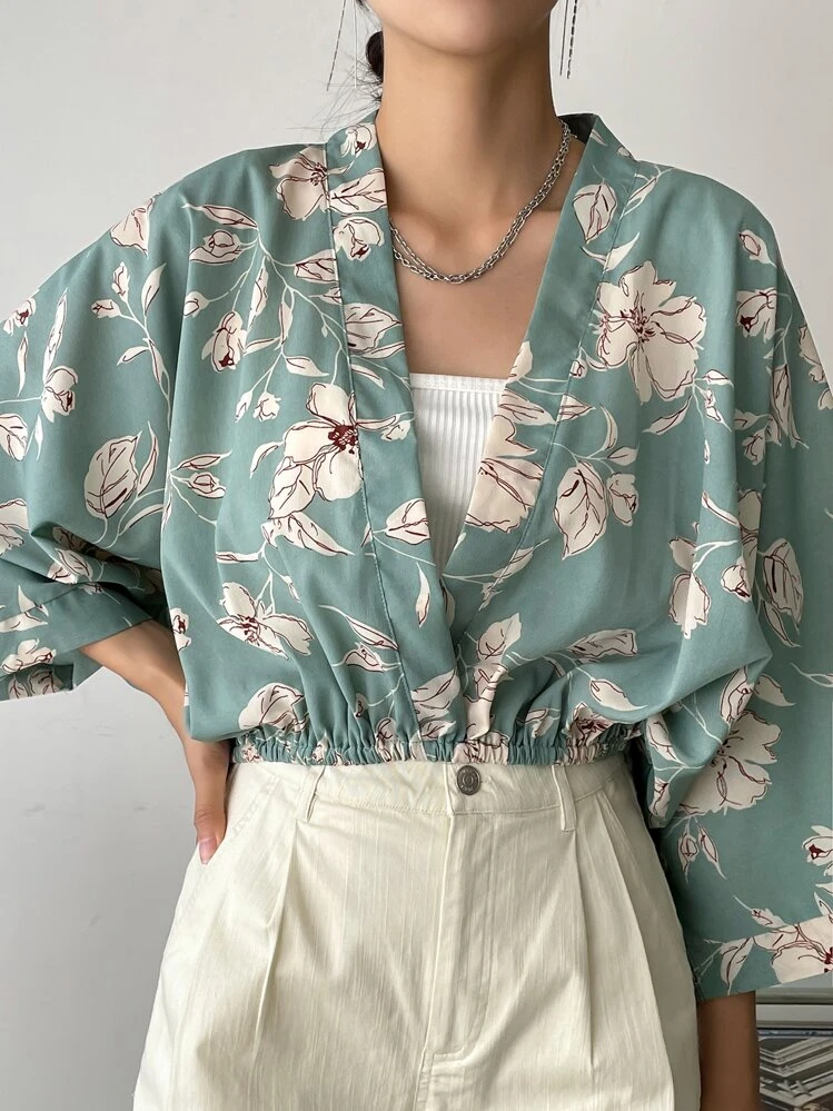 DAZY Blusa com Manga Dolman e Estampa Floral, Sem Camiseta, Looks de Férias para Mulheres - Verde Menta - Visão 5