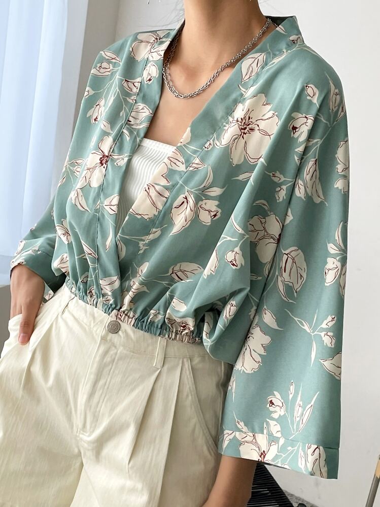 DAZY Blusa com Manga Dolman e Estampa Floral, Sem Camiseta, Looks de Férias para Mulheres - Verde Menta - Visão 7