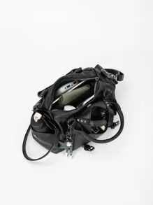 钱包和手提包女士托特包单肩包顶部提手挎包流浪包时尚水洗皮革钱包 - 黑色 - 查看 3