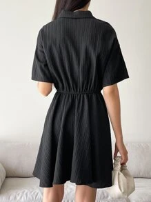 DAZY Drop Shoulder Button Front Shirt Dress - Black - View 2