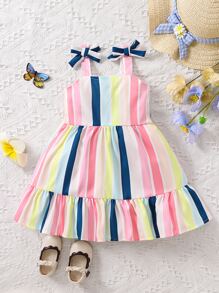 Vestido De Tirantes De Volantes Con Hombro De Lazo A Rayas De Bloque Para Niña Bebé - Multicolor - Ver 1