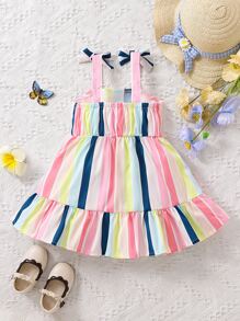 Vestido De Tirantes De Volantes Con Hombro De Lazo A Rayas De Bloque Para Niña Bebé - Multicolor - Ver 2