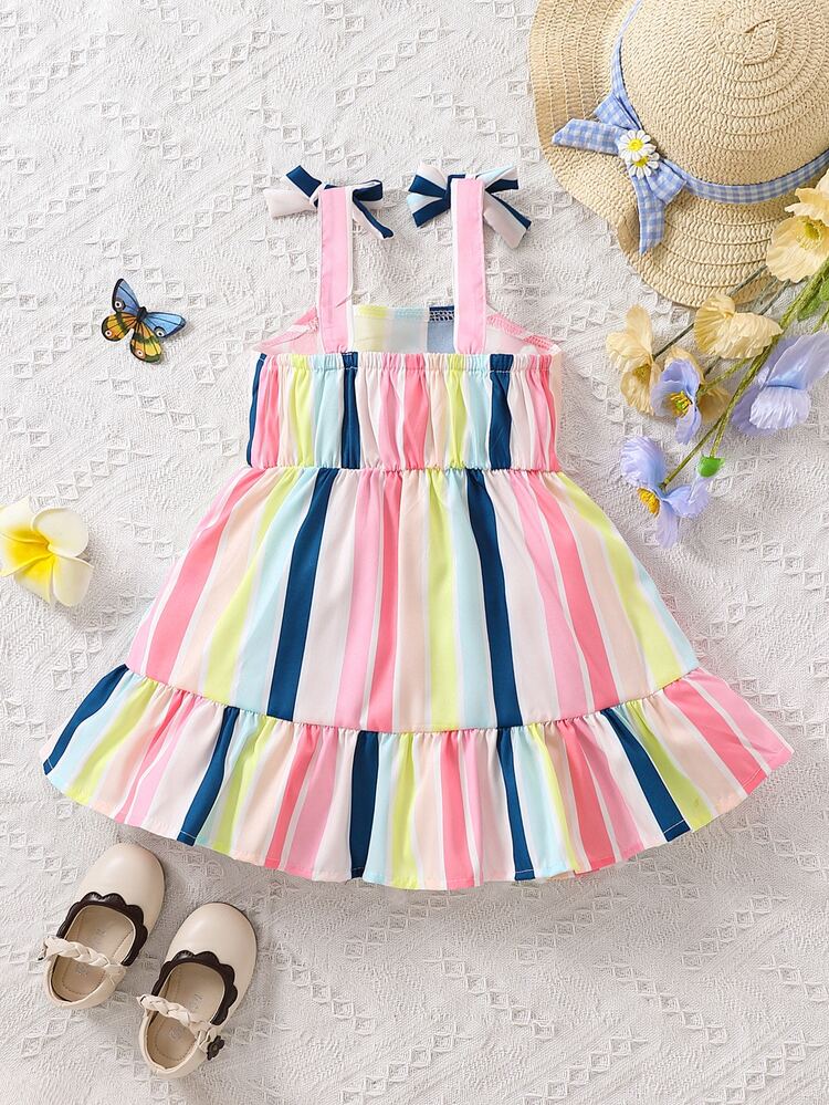 Baby Girl Block Striped Bow Shoulder Ruffle Hem Cami Dress - Multicolor - View 2
