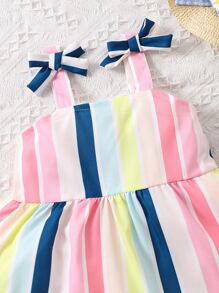 Vestido De Tirantes De Volantes Con Hombro De Lazo A Rayas De Bloque Para Niña Bebé - Multicolor - Ver 3