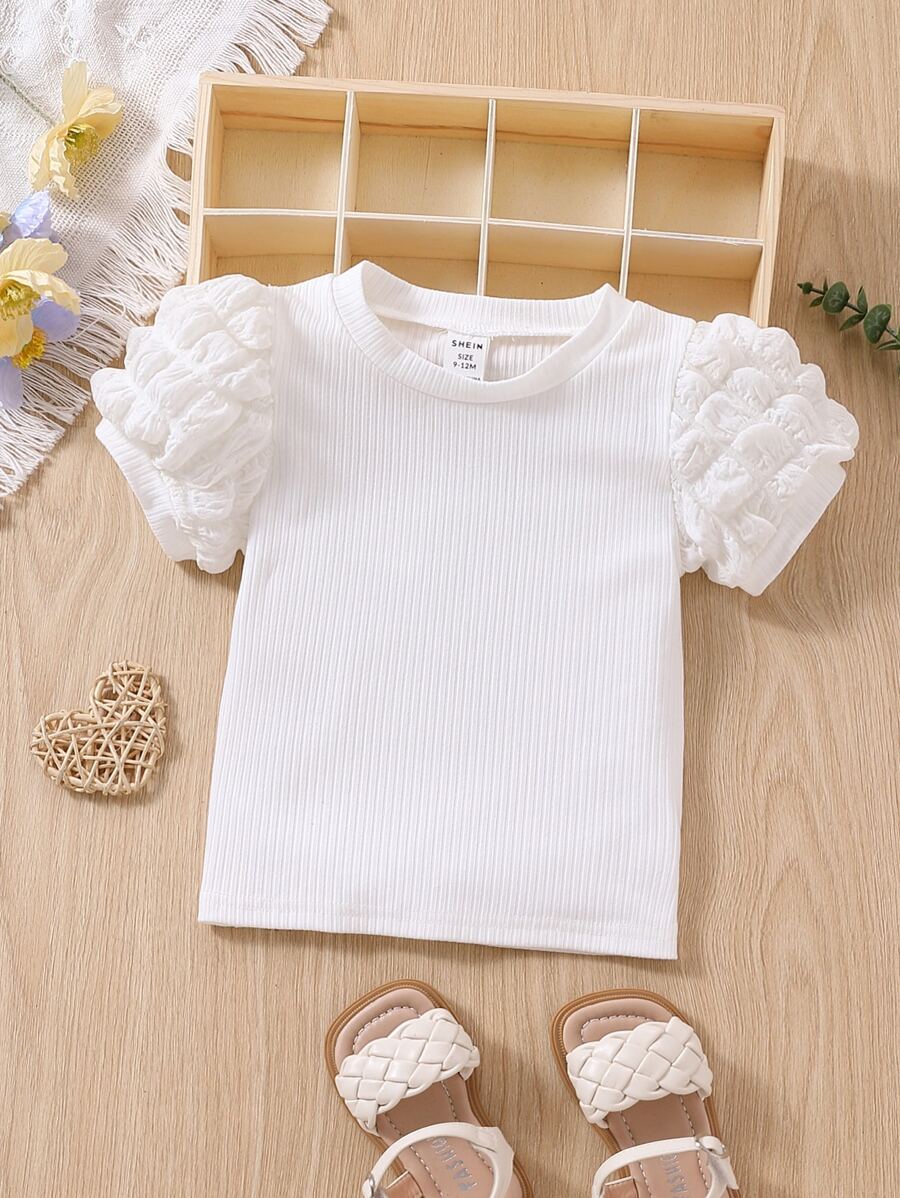 Baby Puff Sleeve Round Neck Tee - White - View 1