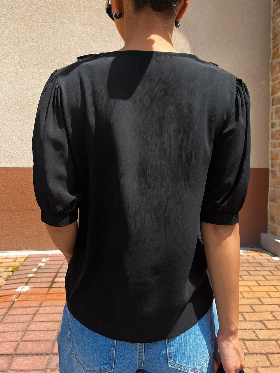 Puff Sleeve Ruffle Trim Blouse