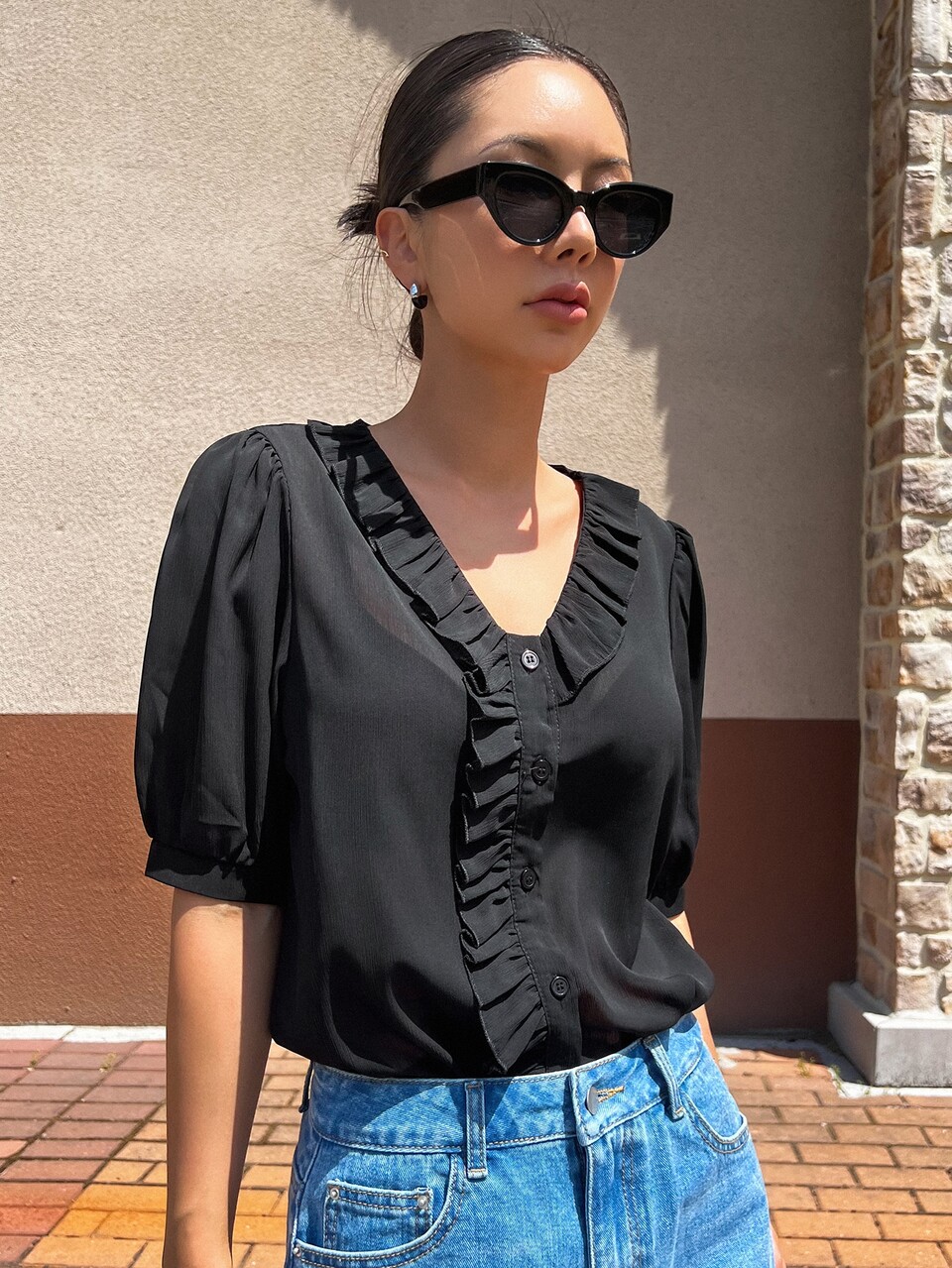Puff Sleeve Ruffle Trim Blouse