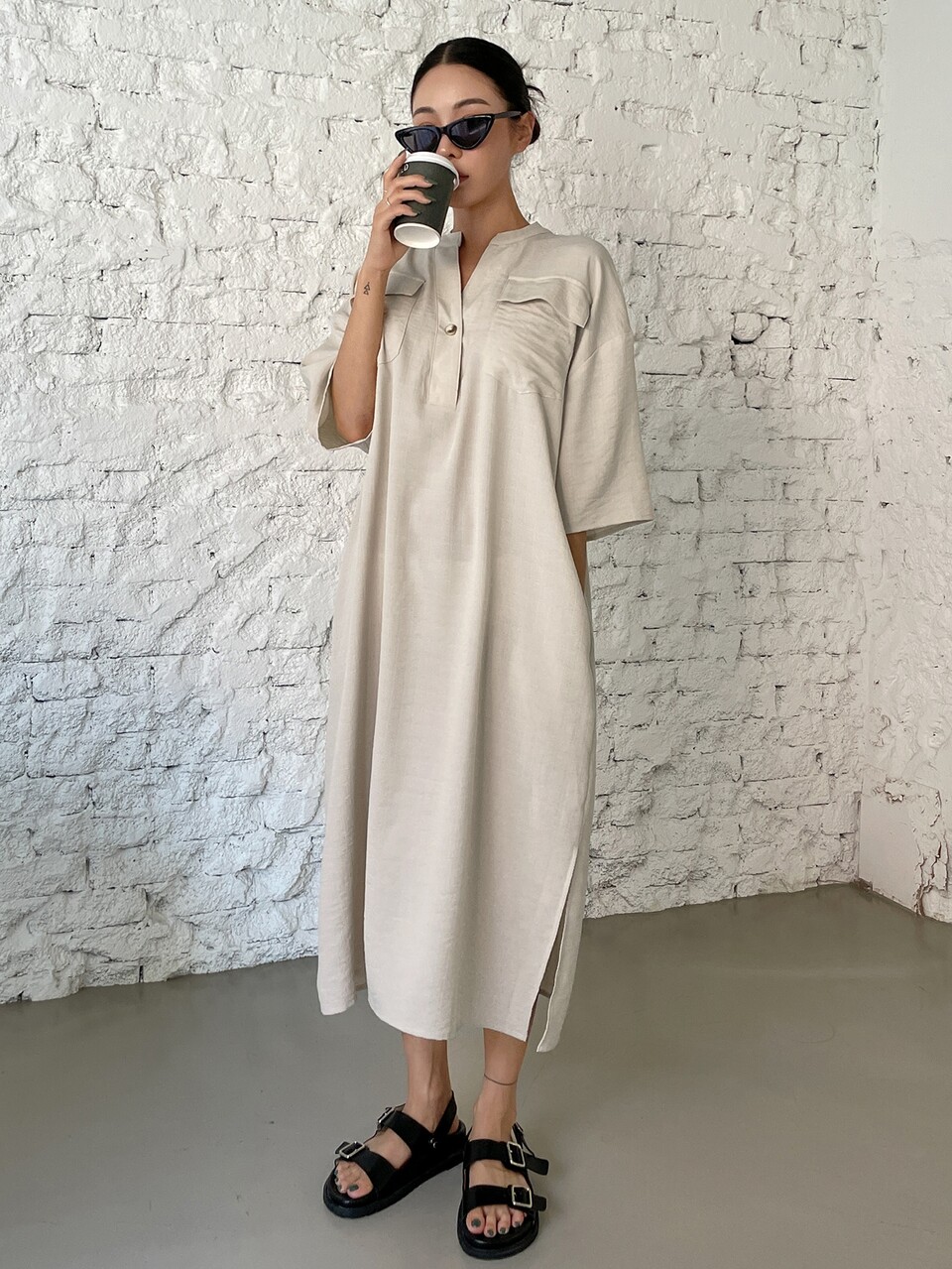 Flap Pocket Drop Shoulder Split Hem Belted Dress