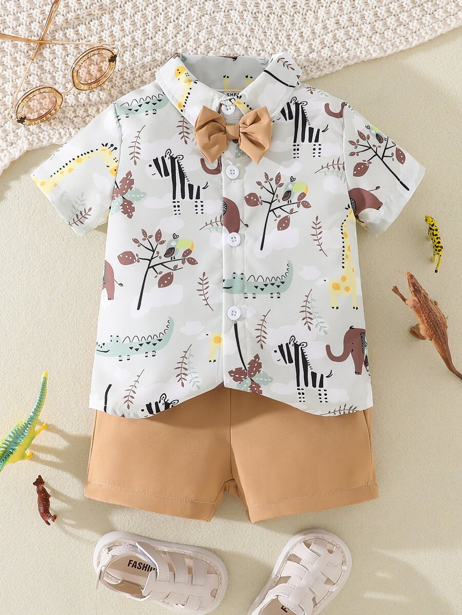 Baby Boy Cartoon Graphic Bow Front Shirt & Shorts - Multicolor - View 1