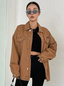 DAZY 落肩链条细节牛仔外套、牛仔夹克、秋季女装 - 咖啡棕 - 查看 1