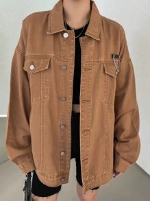 DAZY 落肩链条细节牛仔外套、牛仔夹克、秋季女装 - 咖啡棕 - 查看 3
