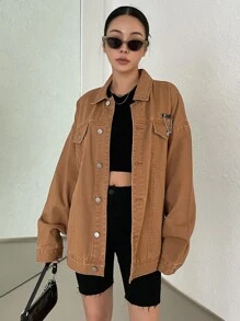 DAZY 落肩链条细节牛仔外套、牛仔夹克、秋季女装 - 咖啡棕 - 查看 4