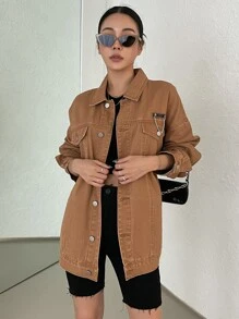 DAZY 落肩链条细节牛仔外套、牛仔夹克、秋季女装 - 咖啡棕 - 查看 5