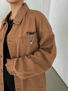 DAZY 落肩链条细节牛仔外套、牛仔夹克、秋季女装 - 咖啡棕 - 查看 6