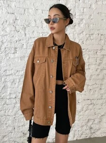 DAZY 落肩链条细节牛仔外套、牛仔夹克、秋季女装 - 咖啡棕 - 查看 7