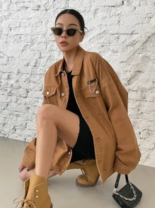 DAZY 落肩链条细节牛仔外套、牛仔夹克、秋季女装 - 咖啡棕 - 查看 8