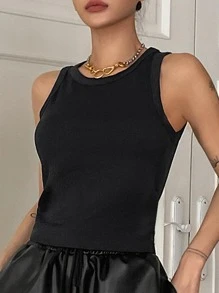 DAZY Top De Tanque De Punto De Costilla Sólido - Negro - Ver 2