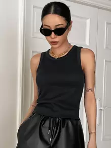 DAZY Top De Tanque De Punto De Costilla Sólido - Negro - Ver 4