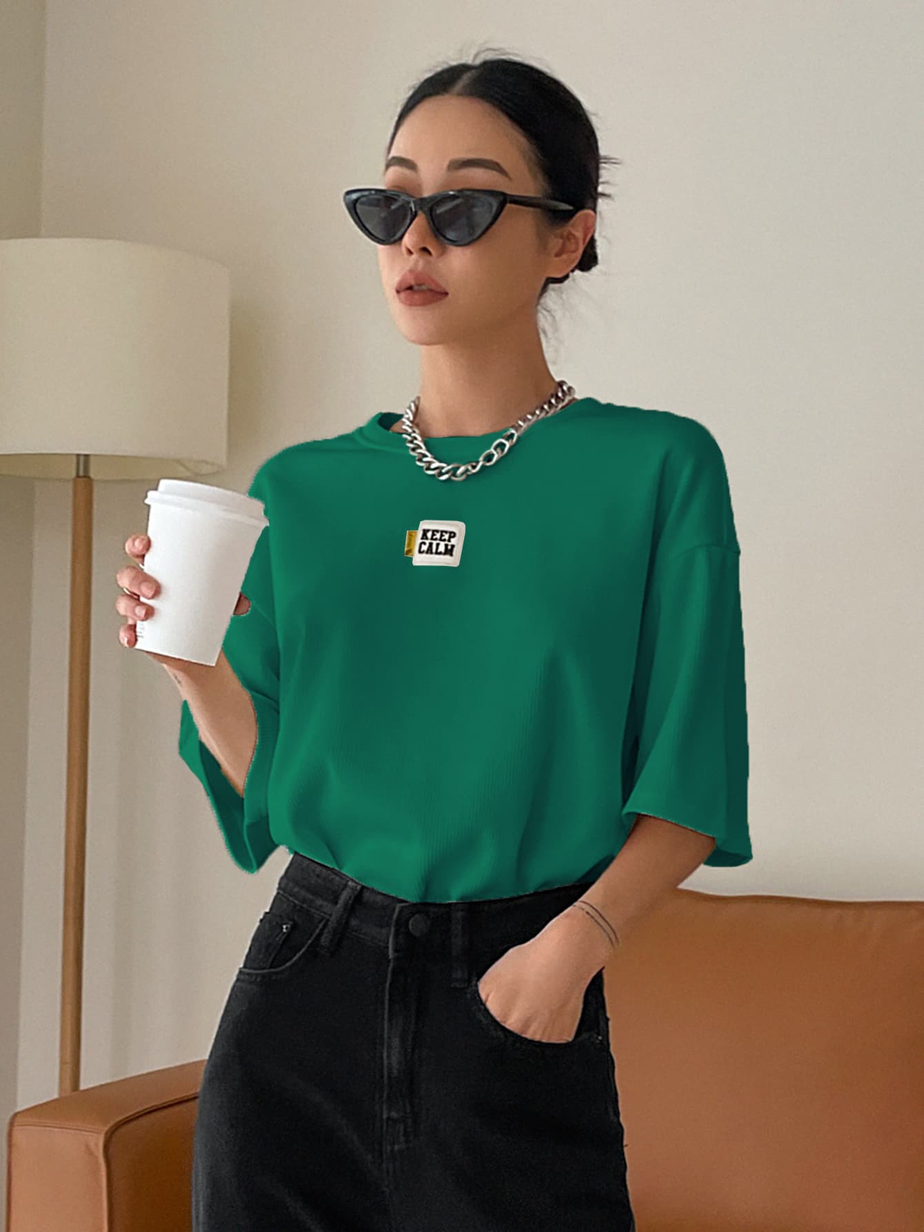 Slogan Patched Drop Shoulder Tee KEEP CALM Oversized T-Shirt