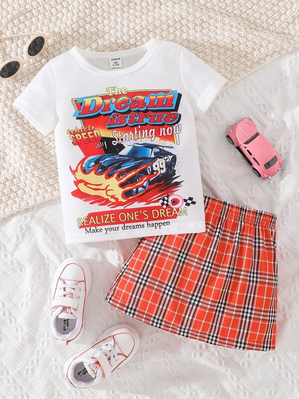 SHEIN Baby Girl Car & Slogan Graphic Tee & Tartan Print Skirt