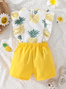 Top Con Estampado De Piña Y Volantes Para Niñas Y Pantalones Cortos Con Lazo Al Frente - Multicolor - Ver 2