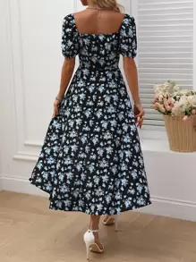 SHEIN LUNE Đầm Maxi Chữ A Xẻ Tà Thắt Nút Hoa Toàn Thân Cho Nữ - Nhiều màu - Xem 2