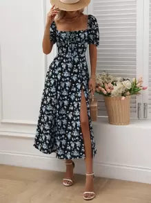 SHEIN LUNE Đầm Maxi Chữ A Xẻ Tà Thắt Nút Hoa Toàn Thân Cho Nữ - Nhiều màu - Xem 3