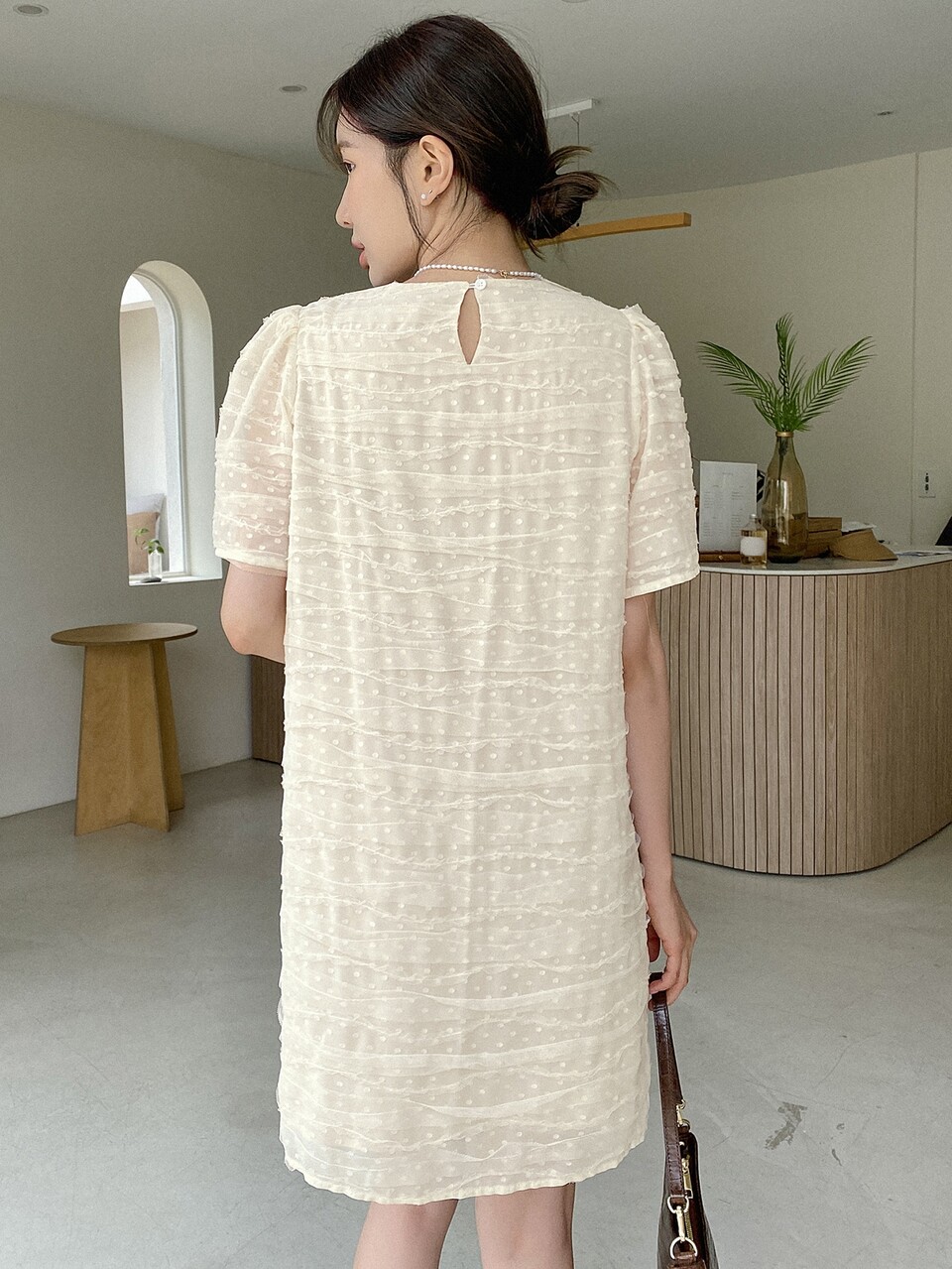 Swiss Dot Lettuce Trim Puff Sleeve Tunic Dress